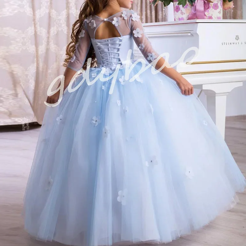 

Fairy Flower Girl Dress Light Blue Lace Appliques A-Line Half Sleeves Lace Up Dresses For Wedding Girls Birthday Gown Customized