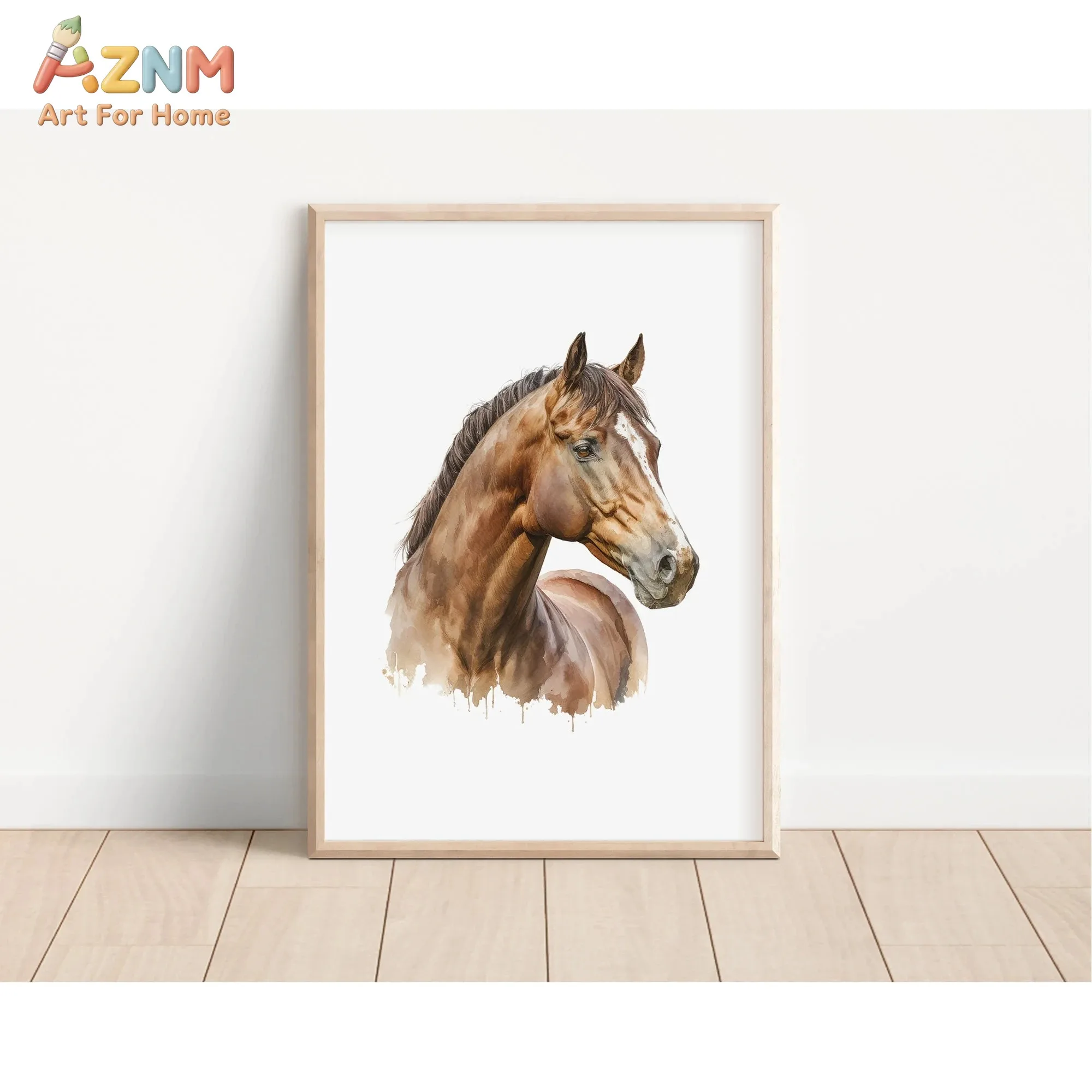 AZNM Watercolor Brown Horse Head Canvas Wall Art, Realistic Equine Portrait Print Poster, Unframed Single Piece Canvas Painting