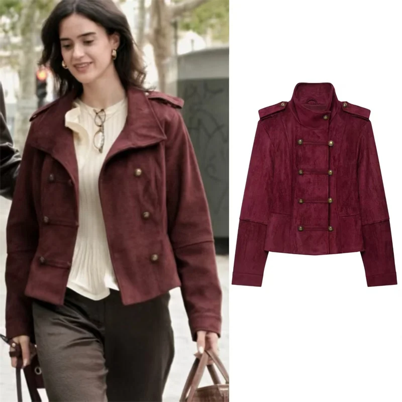 Guobioziy Women's Jacket 2026 Fall New Wine Red Long-Sleeve Stand Collar Rope Knot Button Suede Napoleon Jacket Knight Style