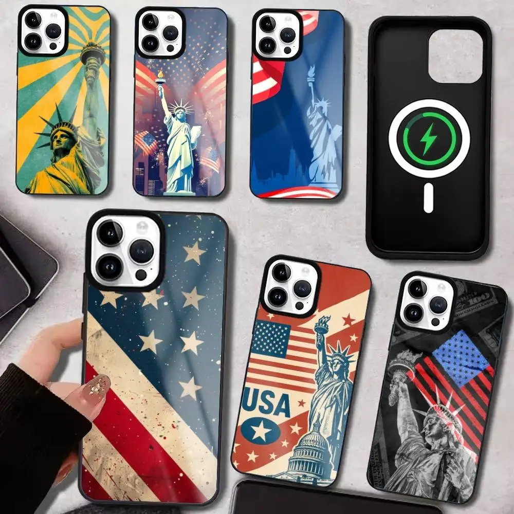 

Statue Liberty America USA Flag Phone Case For iPhone17,16,15,14,13,12,11 Plus,Pro Max, New Magnetic Wireless Charging