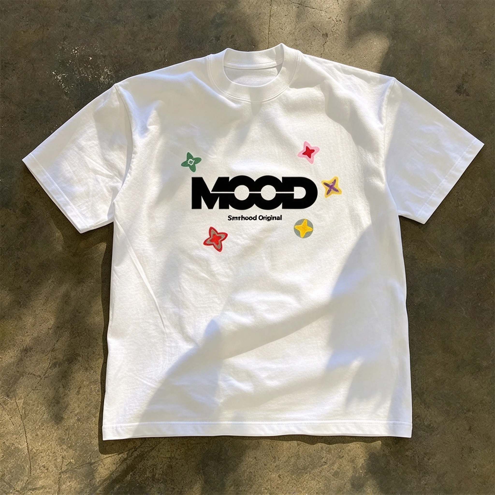 2026 Cute Color Star & MOOD Letter Print T-shirt, Simple Front Graphic Short Sleeve Tee, Fresh Street Casual Top for Women Men