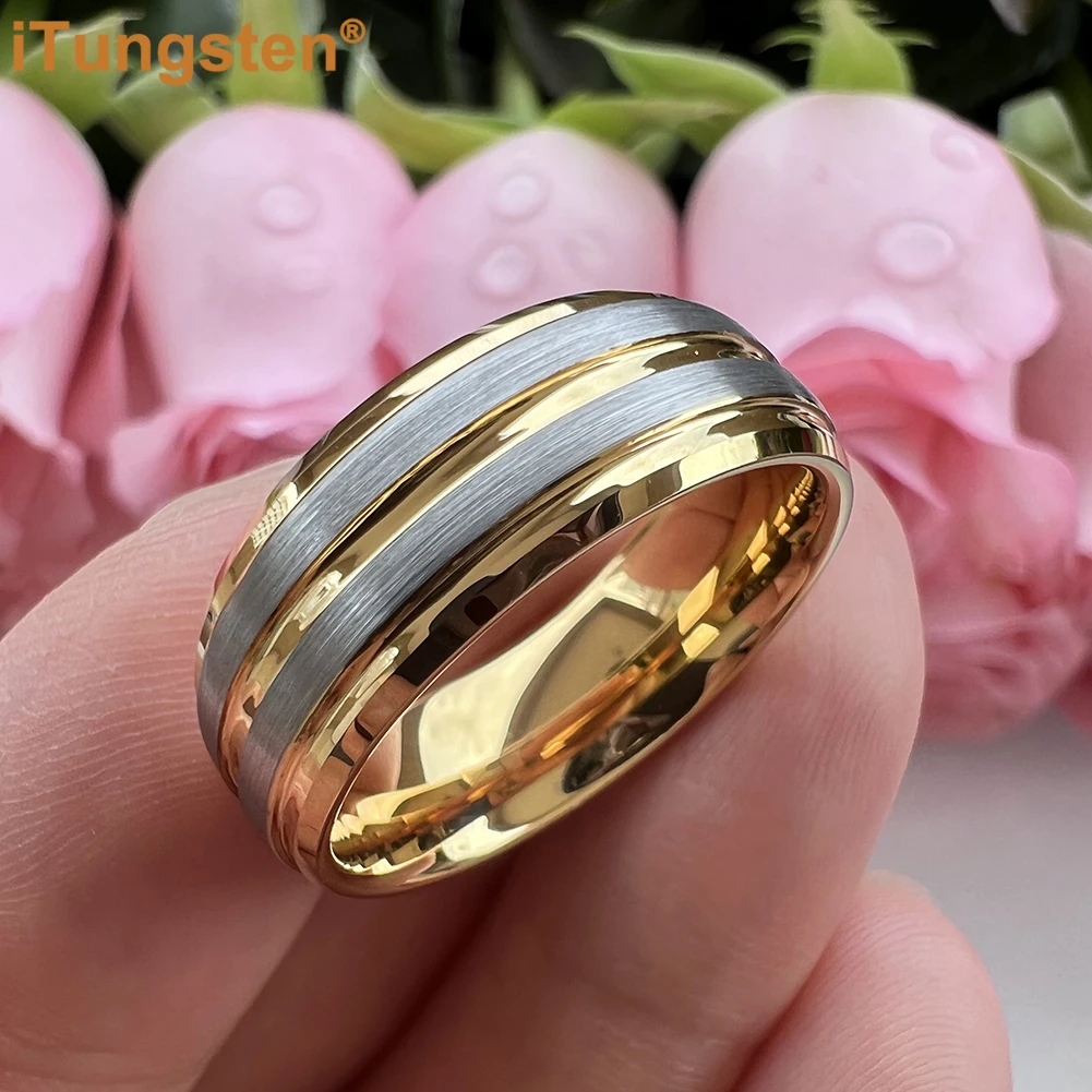 iTungsten 8mm Fashion Rings for Men Women Tungsten Wedding Band Stepped Beveled Grooved Brushed Finish Comfort Fit