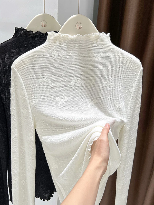 

Женская тонкая трикотажная базовая кофта Slim Fit с длинным рукавом, осенне-зимняя модная модель с высоким воротником, внутренняя одежда, топ с кружевным подолом