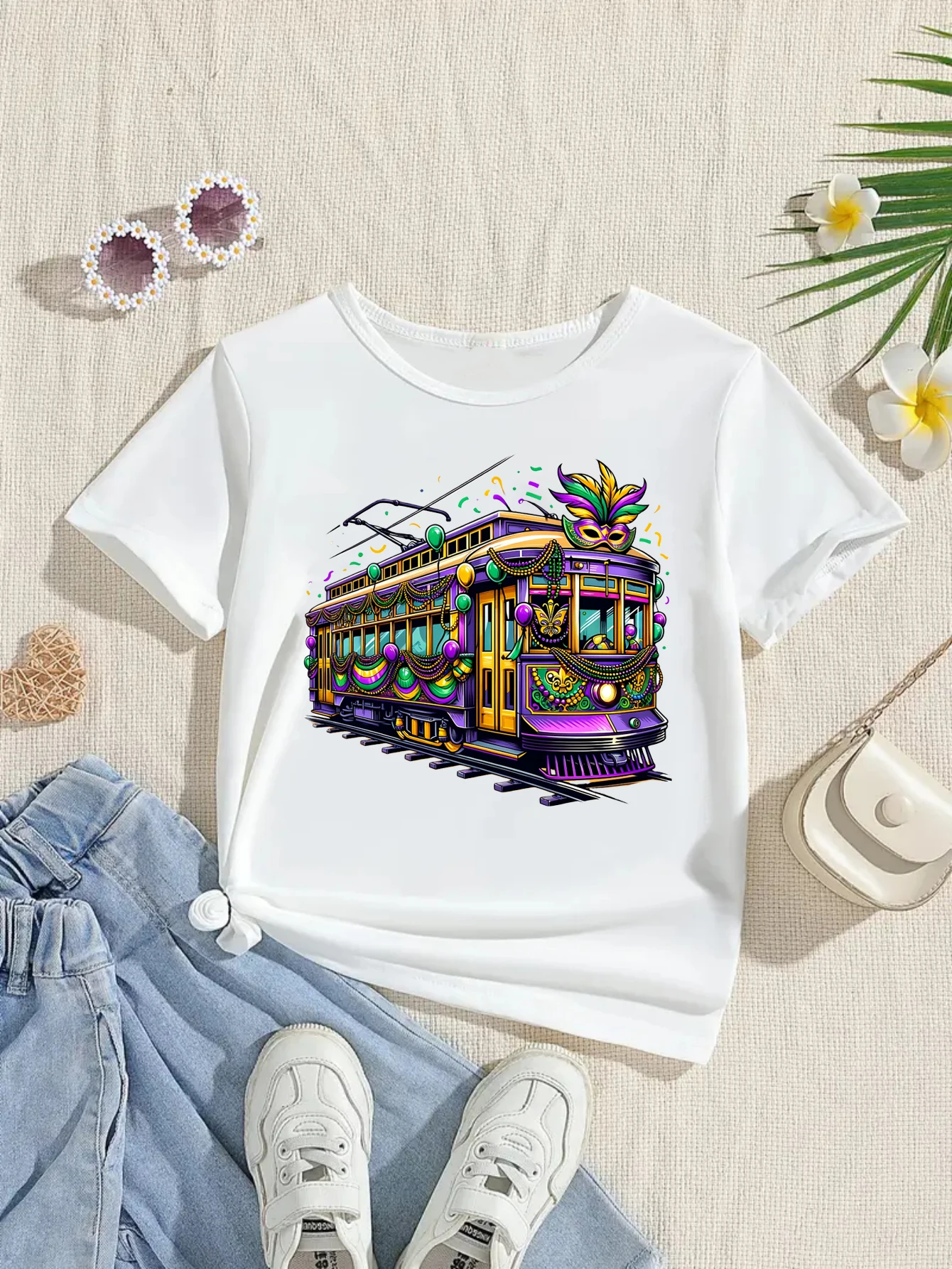 

Mardi Gras Car Feather Mask Printed T Shirt Girls/Boys Mardi Gras Gift T-Shirt Kawaii Carnival Kids Clothes Toddler Shirt