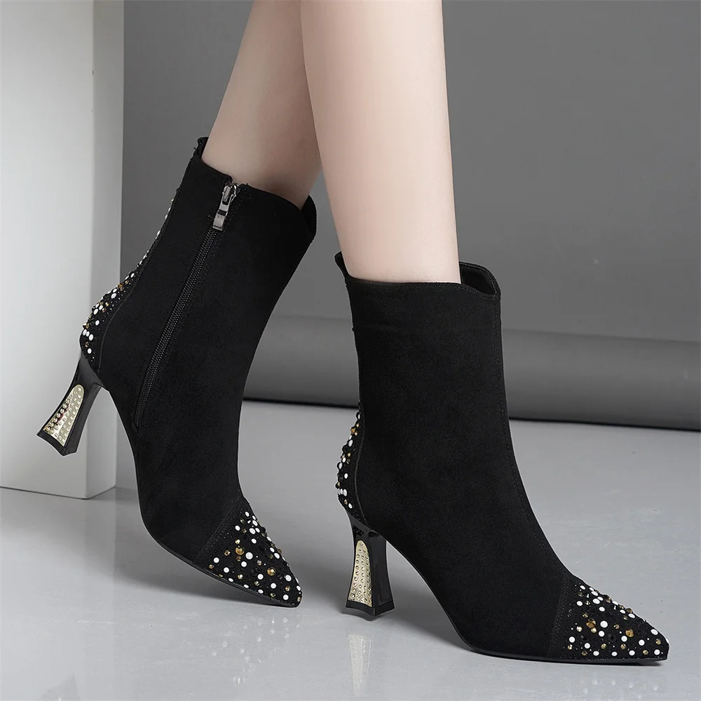 2024 New Sexy Black Women Boots Winter Rhinestone Shallow Thick Heel Comfortable Shiny Heels Shoes Casual Party For Female Boots