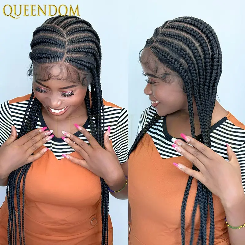Wig sintetis kepang kotak cornrow ringan 36 inci, wig rambut penuh dengan lace frontal tanpa simpul untuk wanita kulit hitam, cocok untuk kembali ke sekolah