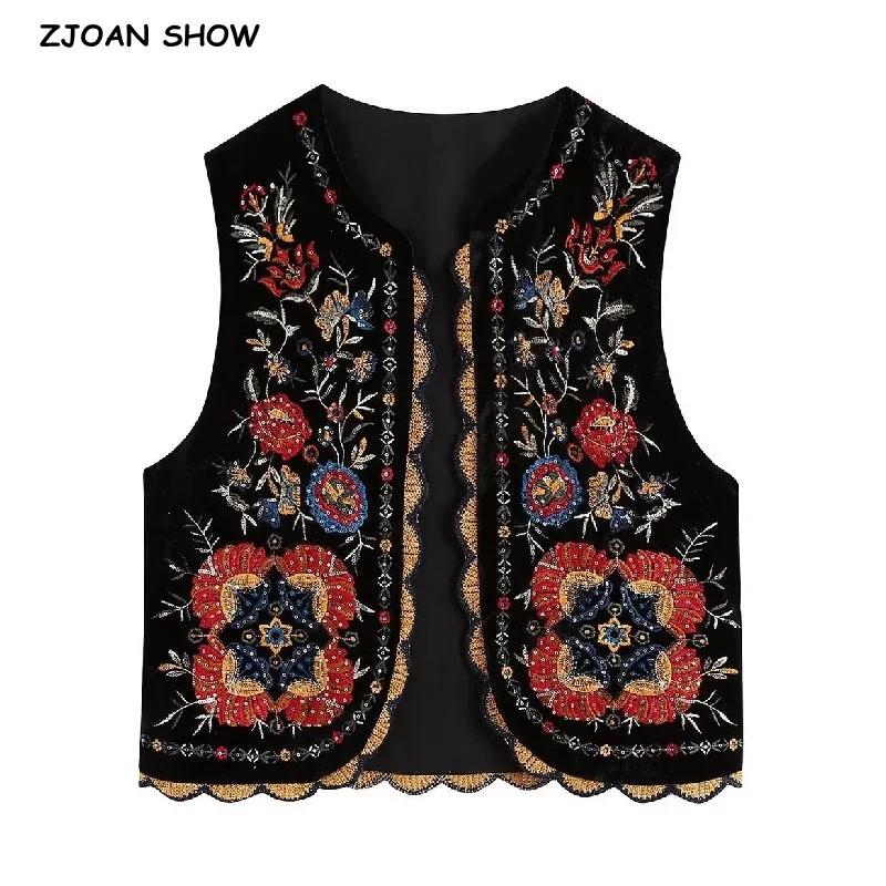 Ethnic Velour Sequins Embroidery Flower Open Stitching Waistcoat Women BOHO Vest Jacket Outfits Casual Vacation Loose Tops