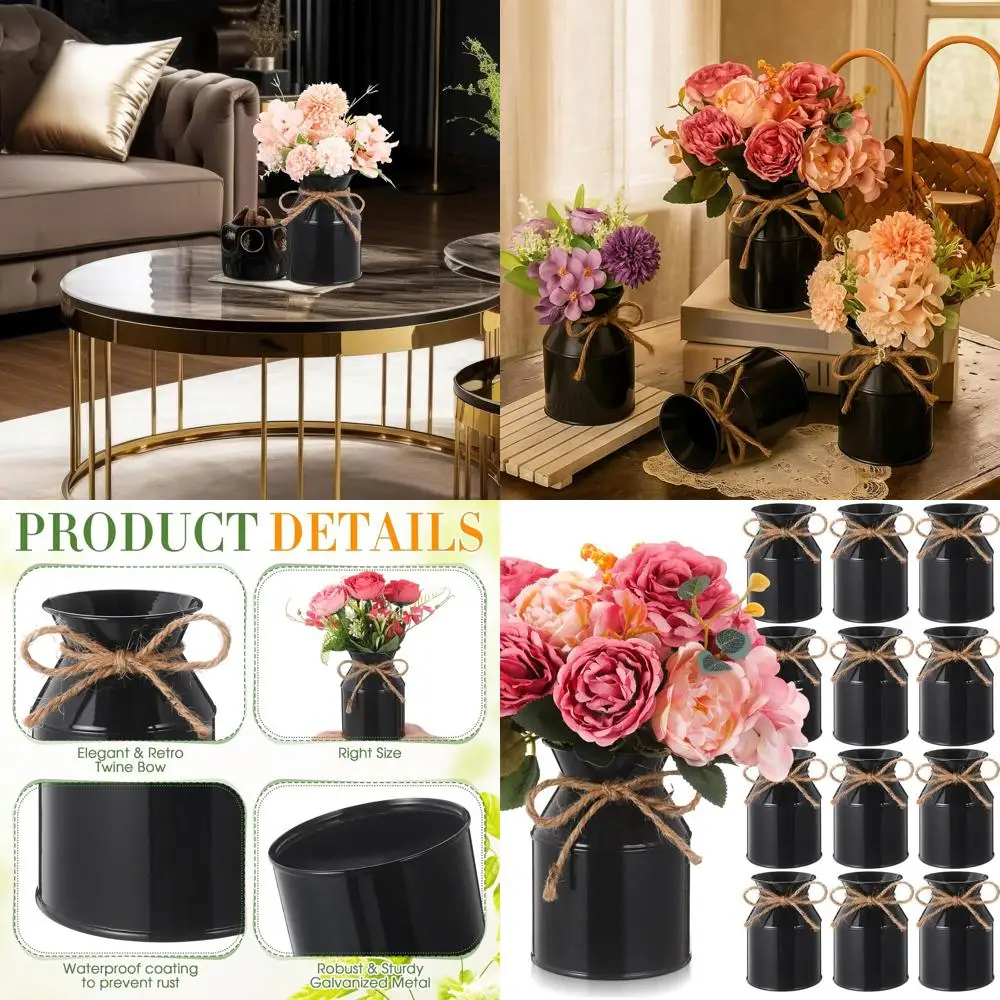 

Set of 12 5.12 Farmhouse Style Metal Flower Vases, Galvanized Milk Jugs with Twine Bows for Rustic Decor, Weddings, and Home Use