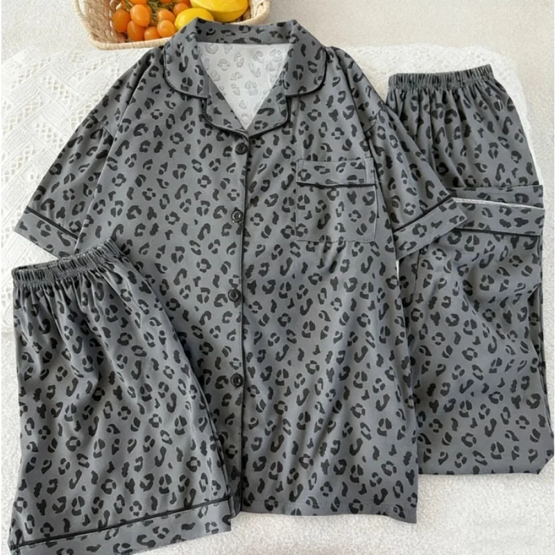 

Женский комплект пижамы из 3 предметов с леопардовым принтом: топ с коротким рукавом и шорты, французский повседневный стиль, домашняя одежда, летняя прохладная женская одежда для сна