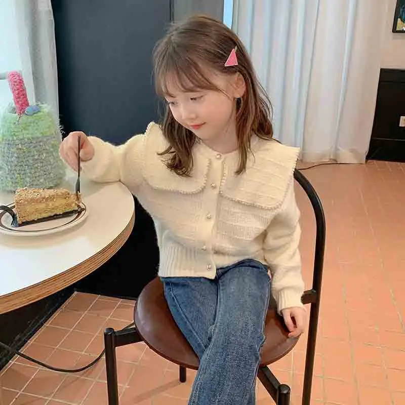 UNITIM Girls Peter Pan Collar Knit Cardigan Children Girls Love Jacquard Sweater Kids Fall Winter Sweater Collection 2-8Years