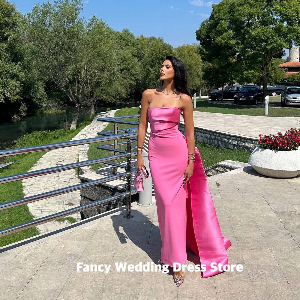 

Fancy Mermaid Evening Dresses Strapless Sleeveless Saudi Arabic Prom Gown Satin Long Formal Occasion Dress فساتين الس