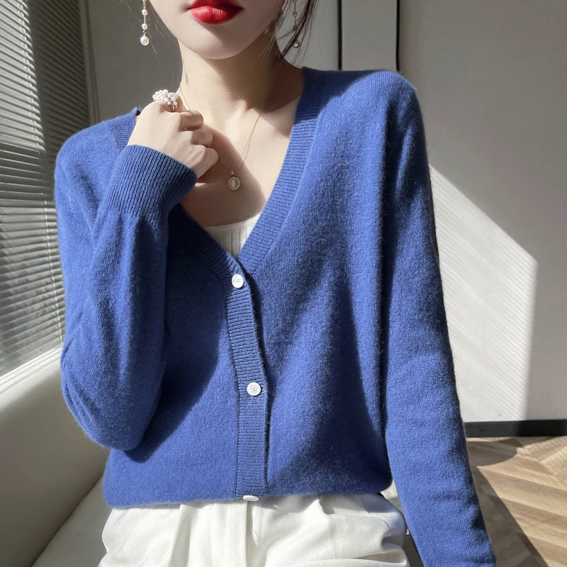 2023 Spring Autumn New Women 100% Cashmere Cardigans Basic Sweater Female Solid Color Soft Knitted Jacket V-Neck Shirt Top