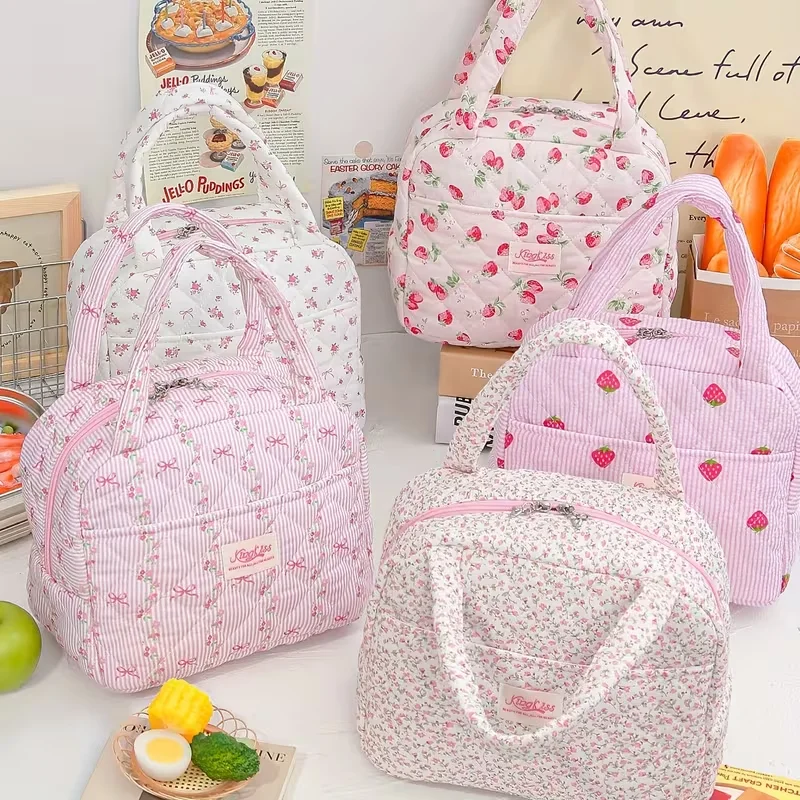 Large capacity - Cute flowered strawberry & cherry printed tote bag for keeping lunch warm and cold (non-food contact)