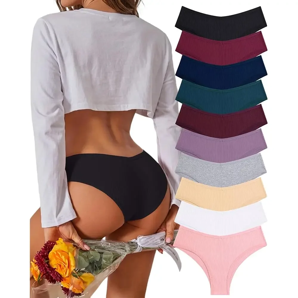 

Комплект из 10 женских хлопковых трусиков: сексуальные, эластичные, с V-образным вырезом на талии, бикини, с низкой посадкой, хипстеры, размеры S-XXL