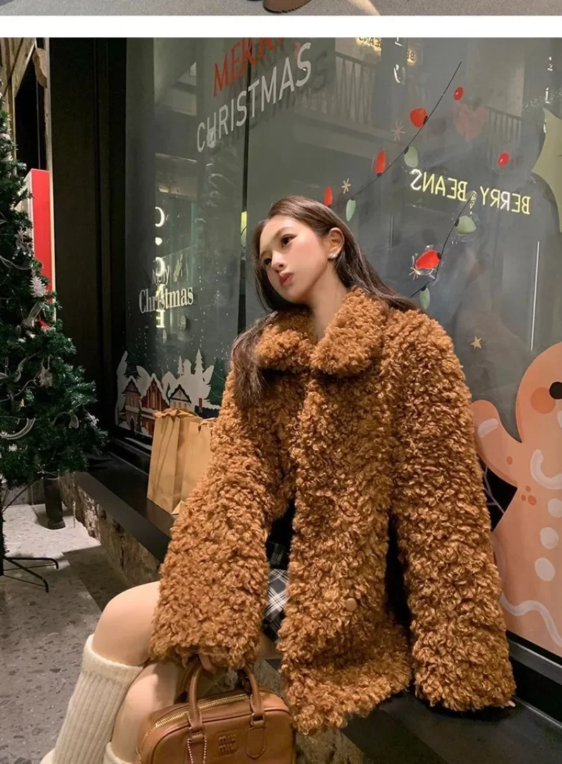 Turndown Collar Large Size Long Coats Artificial Lamb Wool Winter Jacket Women Sweet Girls Casual Outerwear Solid Coffee Clothes