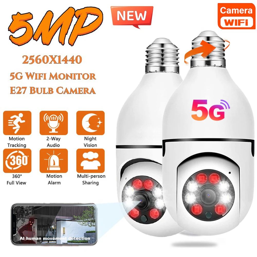 New 5G Wifi 5MP Wireless Camera Bulb E27 Surveillance Indoor Digital Zoom AI Human Detect Full Color Night Vision Smart Home