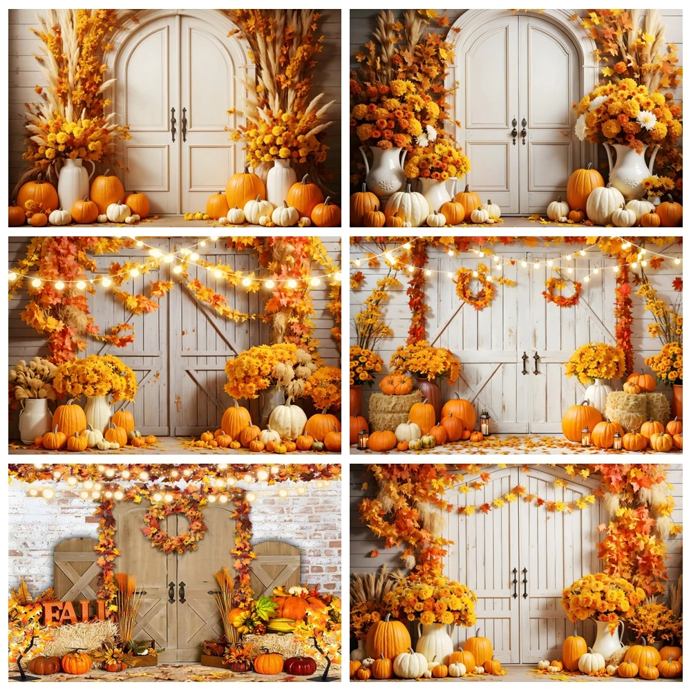 Autumn Photography Backdrop Thanksgiving Party Barn Farm Wooden Door Pumpkin Maple Haystack Fall Kids Portrait Photo Background