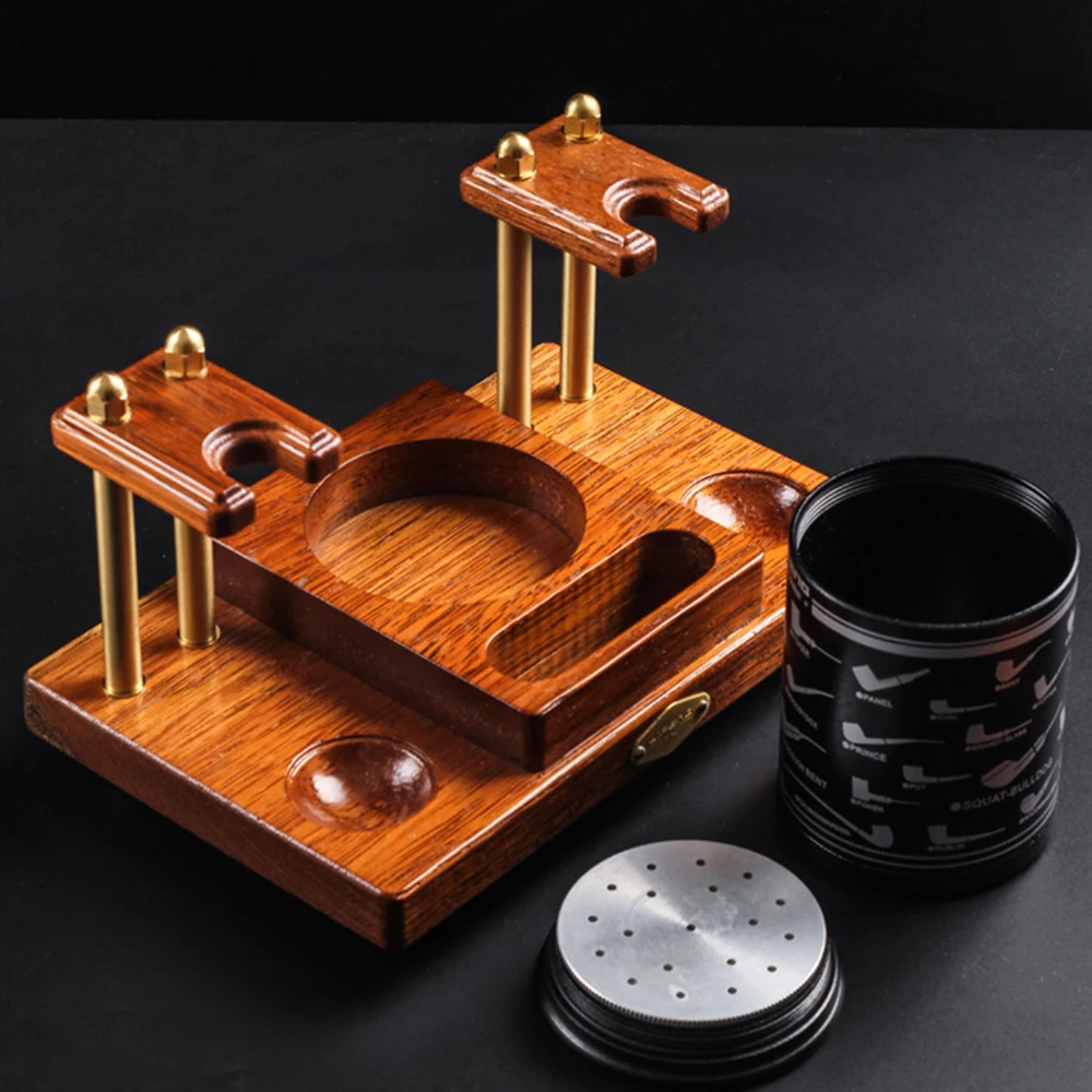 Wooden Tobacco Pipe Stand For 2 Smoking Pipes Rack Holder,Include Tobacco Jar/Cigar Herb Container with Hygrometer and Humidifie