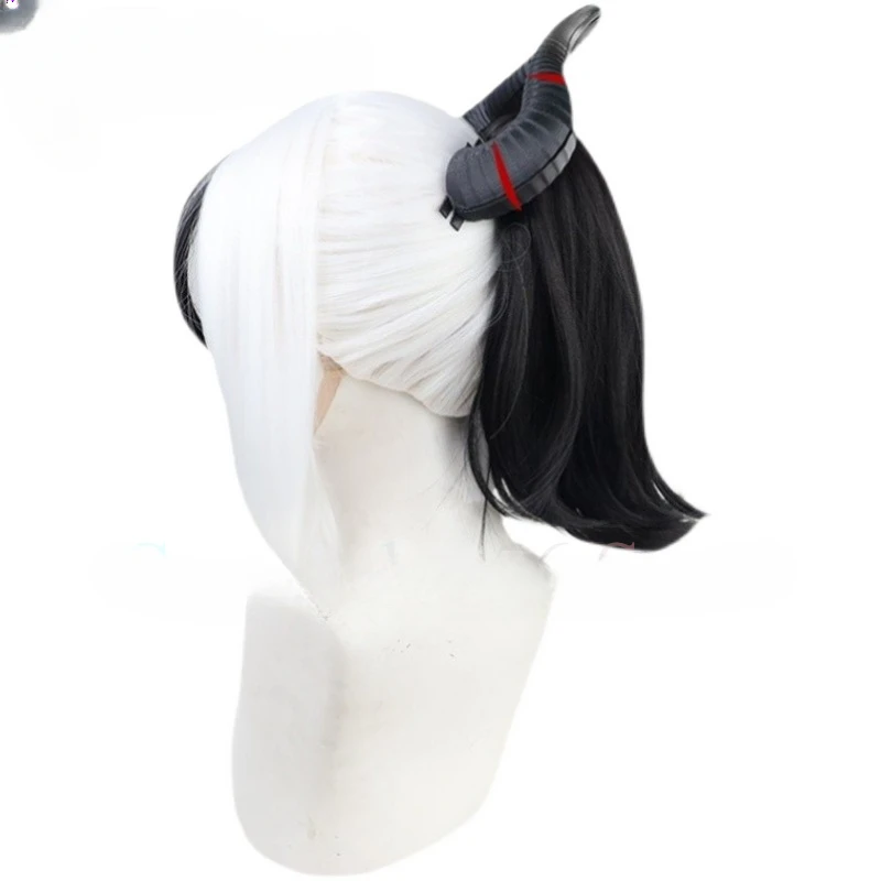 Blue Archive Onikata Kayoko Cosplay Wig Ponytail Horns Black White Long Straight Synthetic Hair Project MX Girls Headwear