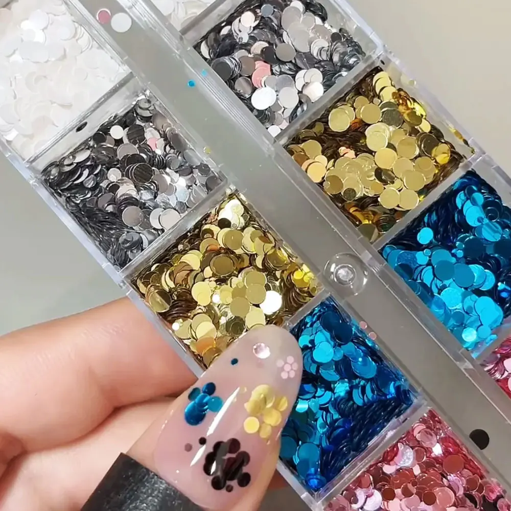 12grid Colorful Laser Polka Dot Spliced Flower Nail Sequins 3D Round Glitter Nail Flakes Ultra-thin Dot Flower Nail Charms 1-3mm