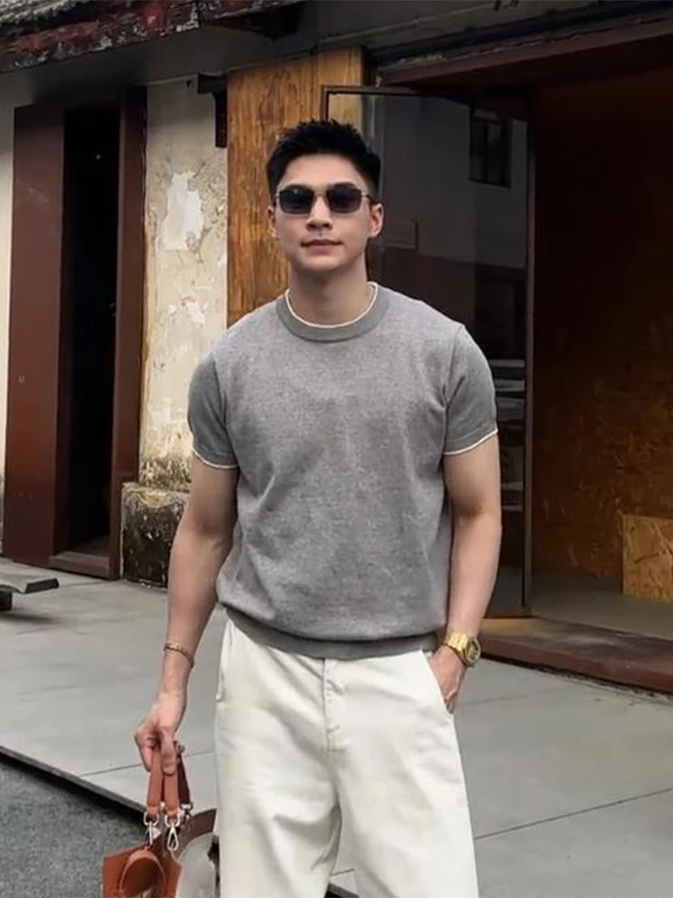 

Мужская летняя вязаная футболка в стиле Old Money, американский ретро-стиль, имитация двухслойного дизайна, трикотаж