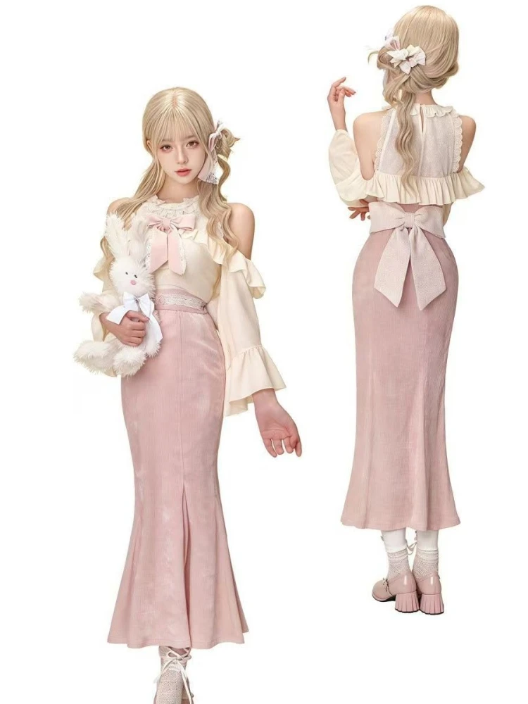 Set Wanita Elegan Gaya Prancis Musim Gugur, Manis dan Chic, 2 Potong, Atasan Berenda dengan Aksen Pita + Rok Berpinggang Tinggi