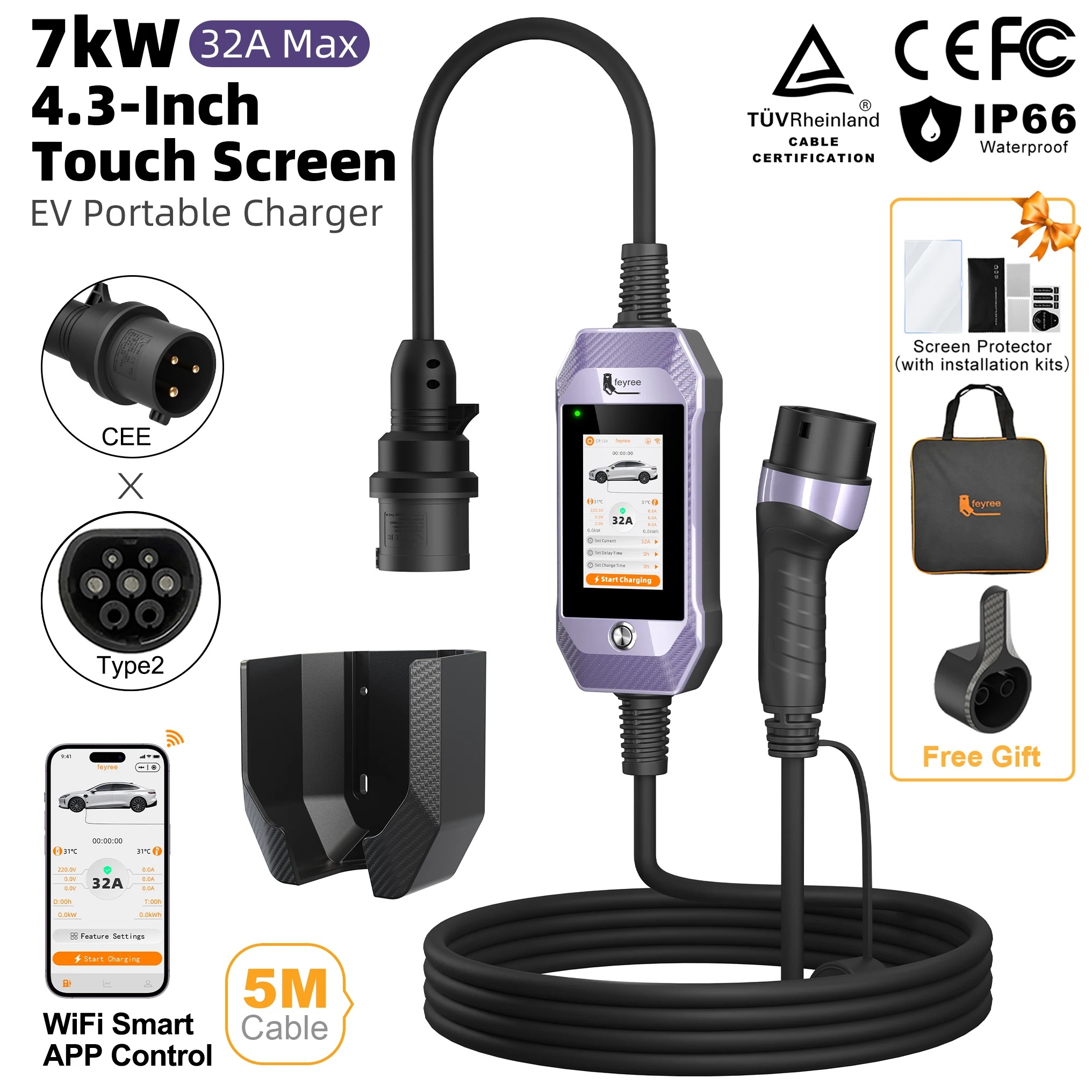 Feyree 7kW Draagbare EV-lader Type 2 AC-lader voor thuisgebruik met 4,3 inch touchscreen, slimme WiFi-app-bediening voor elektrische auto's