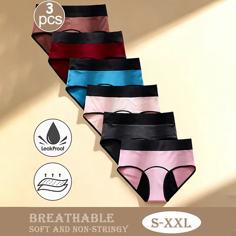 3-Piece Adolescent Girls Period Panties Leakproof Abundant Flow Menstrual Briefs Solid Puberty Teenage Girls Sanitary Underwear