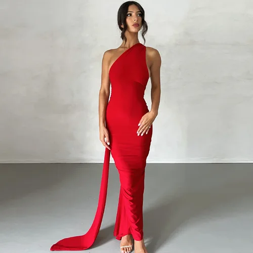 Imagen 2 del producto Dulzura, vestido largo de un hombro con espalda descubierta y cinta delgada fruncida, vestido elegante sexi liso para mujer, traje de fiesta de noche para discoteca y graduación de verano