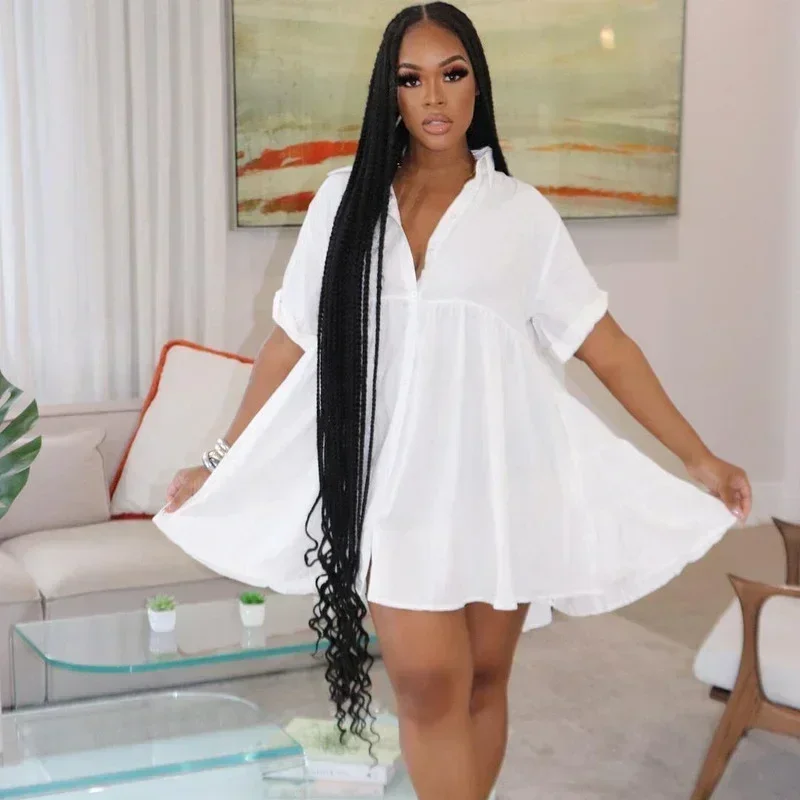 GUWU فستان قميص قصير الأكمام للنساء فستان صيفي فضفاض غير رسمي على شكل حرف A بياقة مقلوبة وزر ملابس خروج صغيرة فيستدو فيمينينو #3