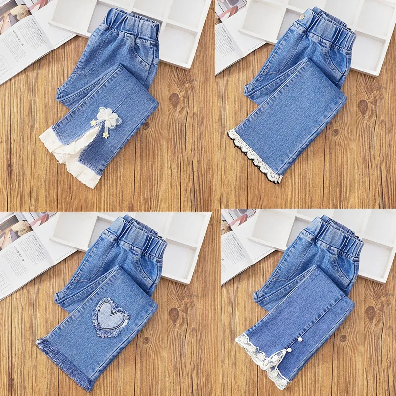 Celana Denim Anak Perempuan untuk 1-12 Tahun Celana Panjang Berkaki Lebar Longgar Renda Satin Celana Kaki Menyala Kasual Pakaian Anak-anak Musim Penuh