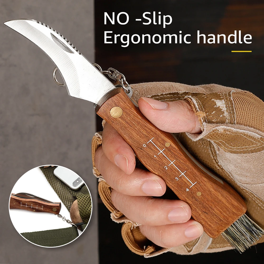 Outdoor Mini Camping Mushroom Knife Wooden Handle With Brush Portable Keychain Folding Knife Brush Hunting Survival Multi-Tool