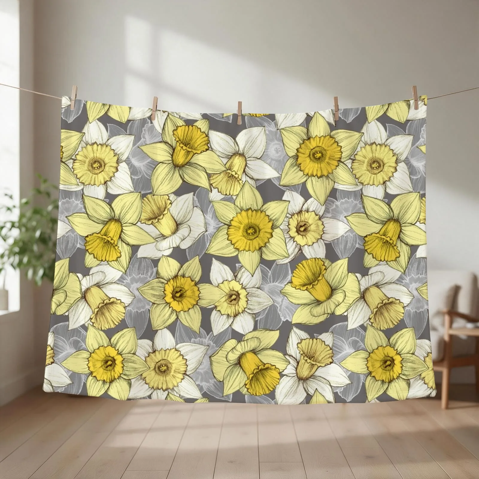 Daffodil Daze - yellow & grey daffodil illustration pattern Throw Blanket blankets ands christmas gifts Tourist Softest Blankets