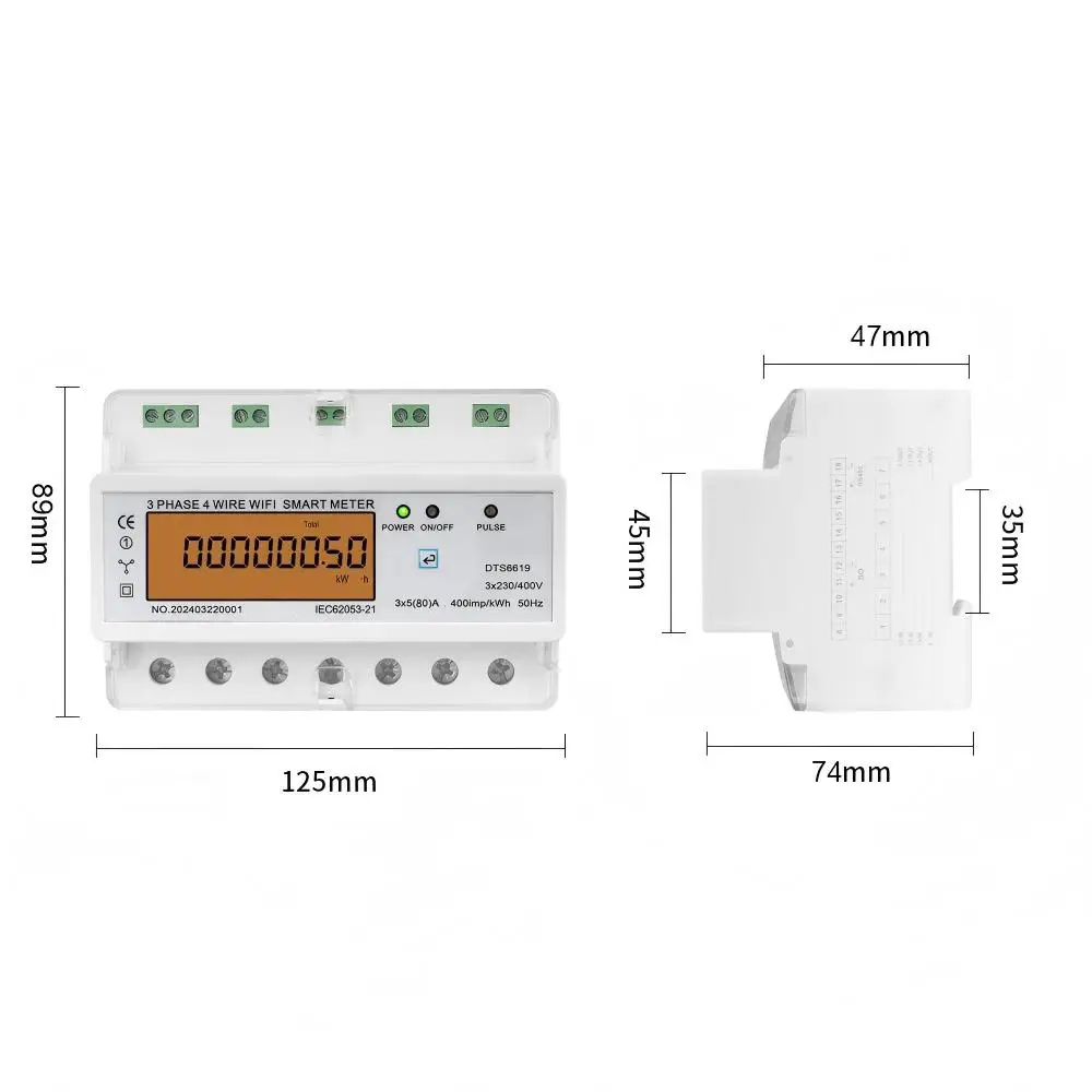 3 Phase 4 Wire WiFi Smart Energy Meter Tuya APP Monitor Voltage Current Power Factor Frequency 5(80)A/5(100)A DIN Rail KWh Meter