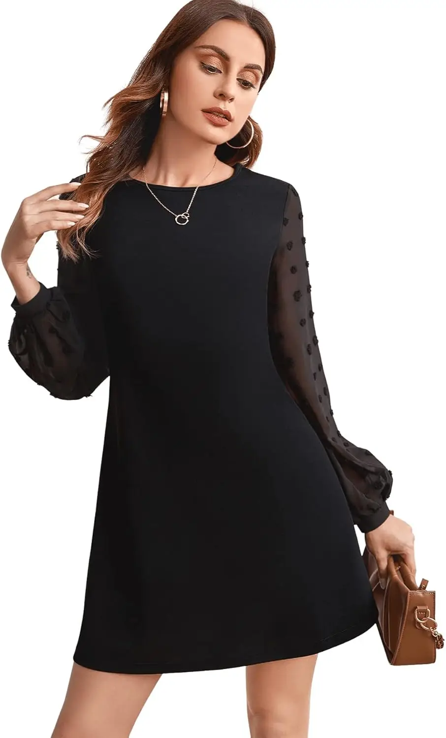 

Elegant Black A-Line Mini Dress with Mesh Long Sleeves and Puff Details