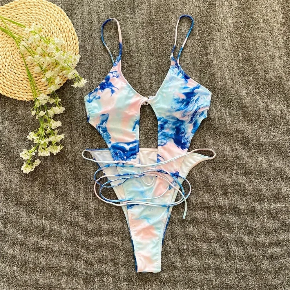 

Vintage Tie Dye Sling Bikini High Leg Extreme String Monokini Hollow Out Swimsuit Women Vacation Swimwear Y2K Beach Bathing Suit