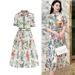 Fashion Floral Print Elegant Summer Pleated Midi Long Dress Shirt Street Casual Lady Office Work Dresses