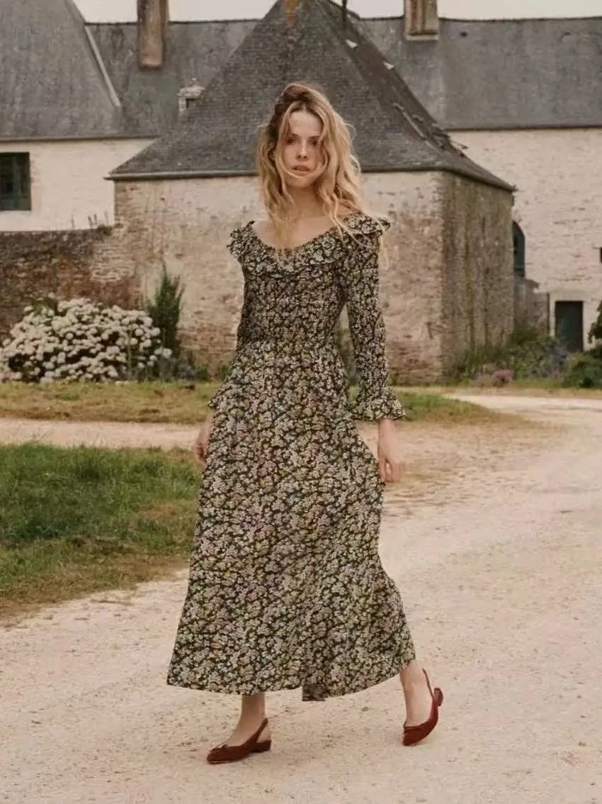 Rustic Style Long Sleeve Cotton Dress with Lace Hemline And Waist Cinching Floral Print Maxi Dress for Women Summer 2026