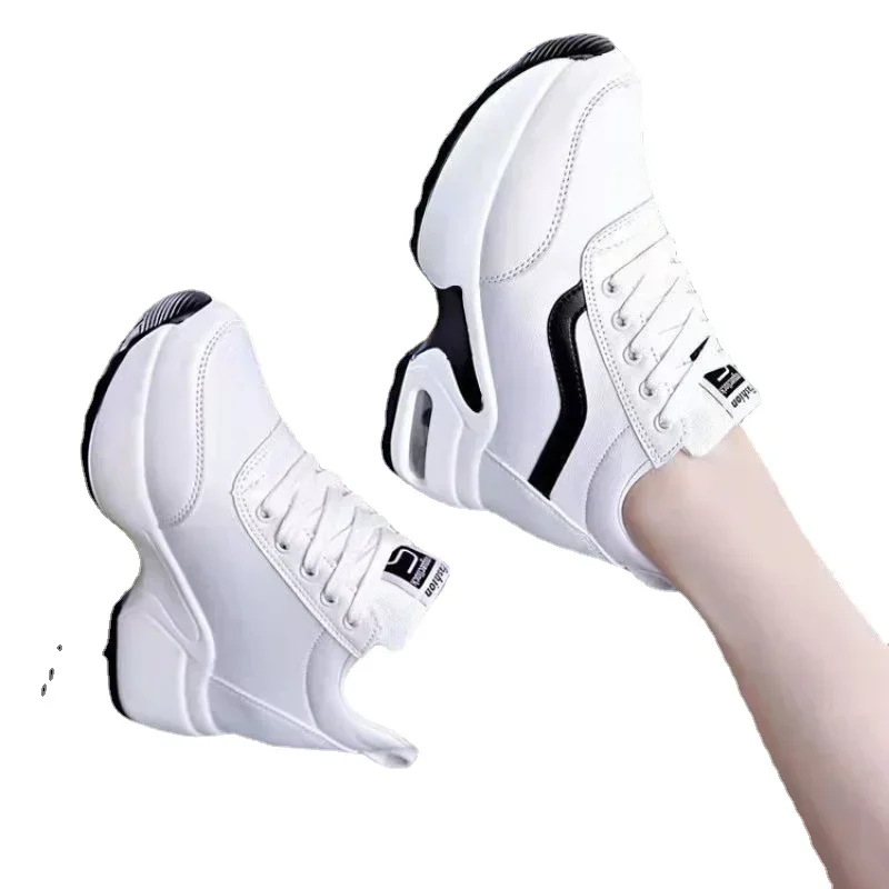 Kobiety 2024 Wiosna Casual Platform Shoes Fashion High Heels Woman Wedges Sneakers Shoes 8 CM Height Increasing Outdoor White Shoes