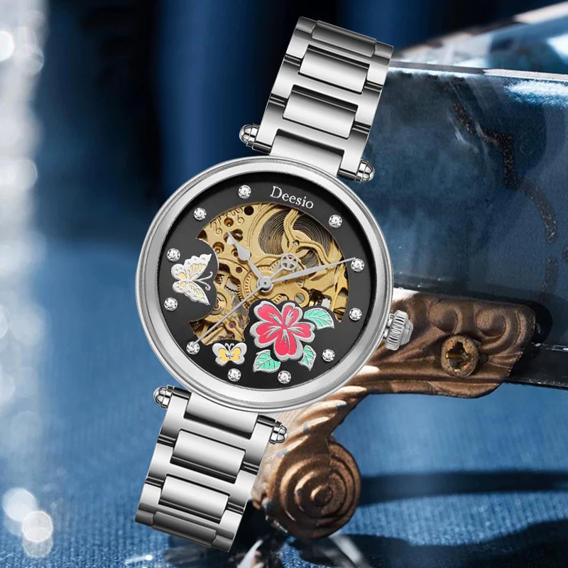 Deesio Brand Design Luxury Women Automatic Mechanical Watches Stainless Steel GMT Watch Top Brand Hollow Sapphire Glass reloj