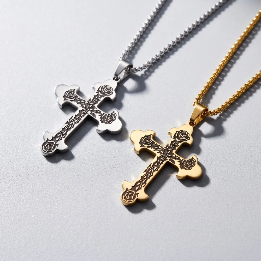 Stainless Steel Rose Flower Cross Pendant Necklace for Men Women Vintage Thorn Vine Engraved Gold Silver Color Wheat Chain Gothi
