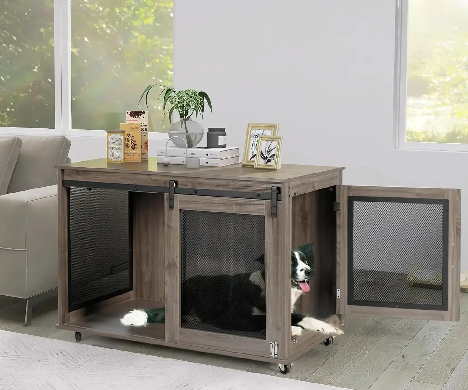 40 Inch Dog Crate Furniture, Wooden Heavy Duty Dog Kennel Indoor, Decorative Dog Cage Table for Large Medium Dogs,Sliding Doors