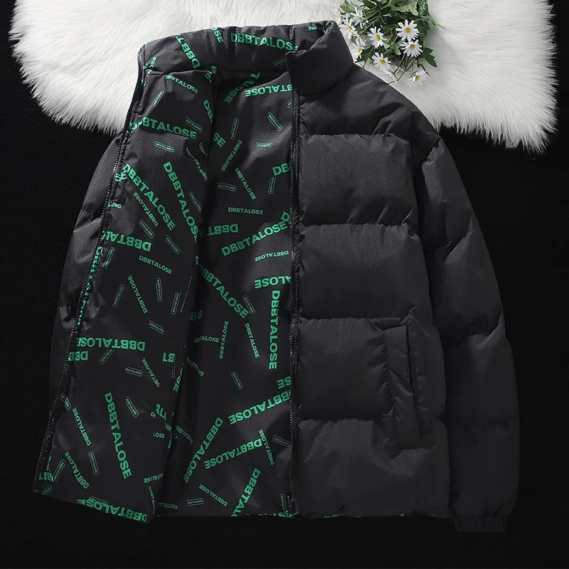 Mens Reversible Down Jacket Fall Winter Stand Collar Thickened Puffer Cotton Coat Warm Streetwear