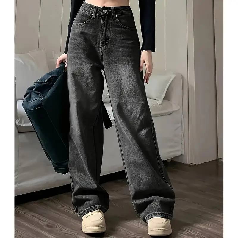 Designer Wide Leg Jeans for Women Classic Gray High Waist Straight Leg Pants with Goth Style