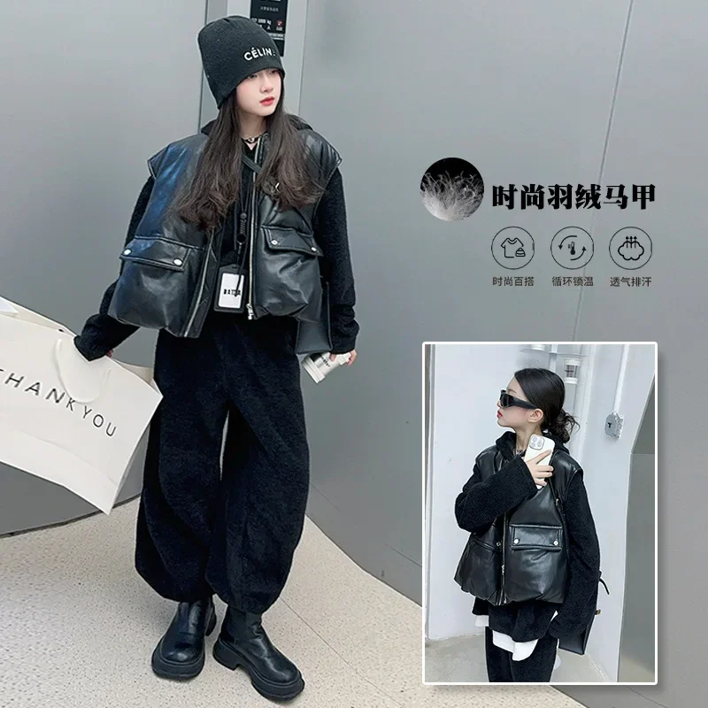 

Girls' 2024 autumn and winter thick new mink fur set versatile black workwear down cotton only vest jacket