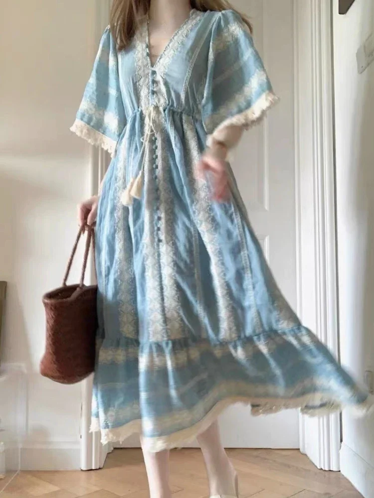 2024 Summer Casual Boho Midi Dress donna Outwear Beach elegante Dress Office Lady manica corta abito intero francese coreano