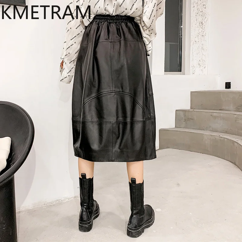 KMETRAM Genuine Leather Skirts for Woman Real Sheepskin Long Skirt Autumn Winter Women Clothing High Waist Юбка Длинная 2024