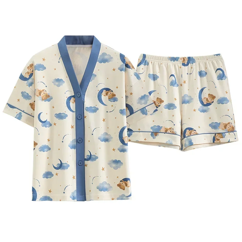 Korean Pajamas Set for Women Summer Loungewear Sleepwear Girls Sweet Lapel Pyjama Kawaii Bear Printed Pijamas Japanese Home Suit