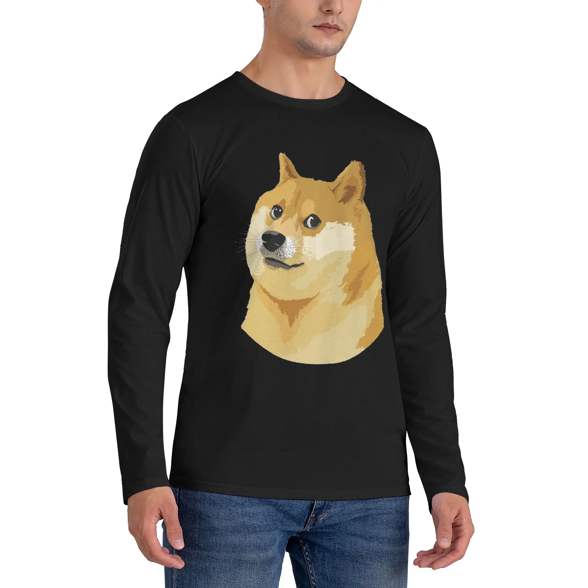 

Doge Shiba Meme Men's Long Sleeved T-shirt Casual Round Neck T shirts Spring and Autumn Men tops