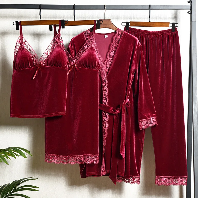 New Velvet Female Pajamas Four Piece Set Autumn Winter Sleepwear Bathrobe Gown Sexy Lace Trim Lingerie Nightwear Loose Homewear